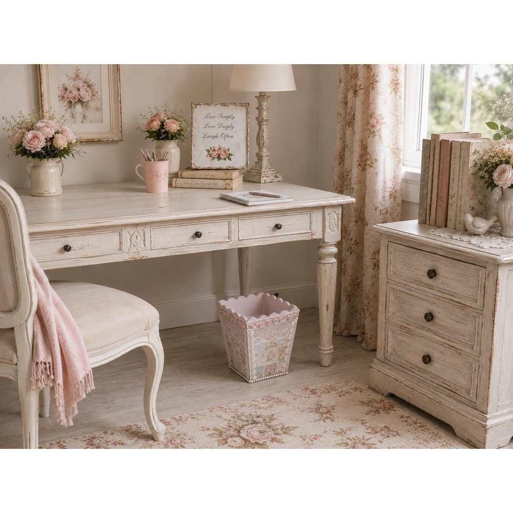 Rachel Ashwell Inspired Shabby Chic Rose Cottagecore Pink Patchwork Wastebasket - Picture 8 of 13